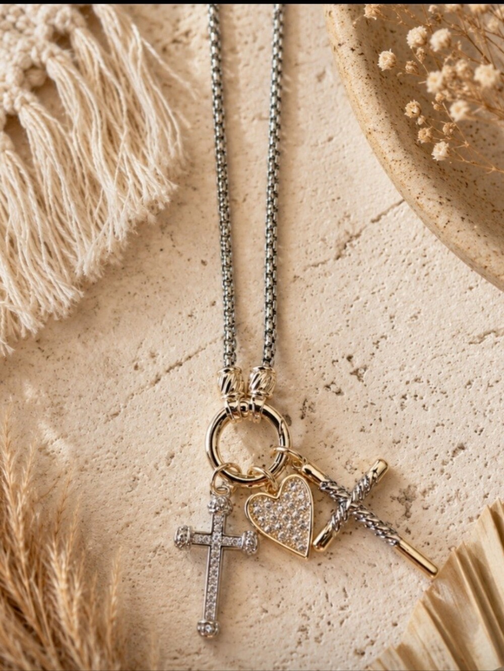 Silver Cross & Heart Pendant Necklace